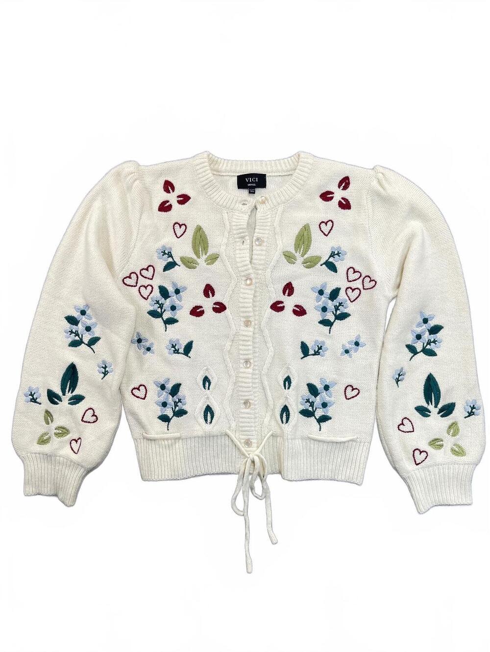 VICI Small Cream Floral Heart Embroidered Cardigan Knit Sweater Puff Sleeve